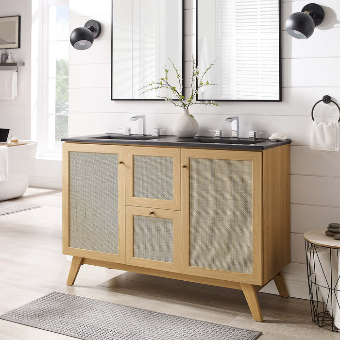 48-Inch Grand Oak Wood Grain Double Sink Bathroom Vanity Rattan Style with Black Integrated Countertop