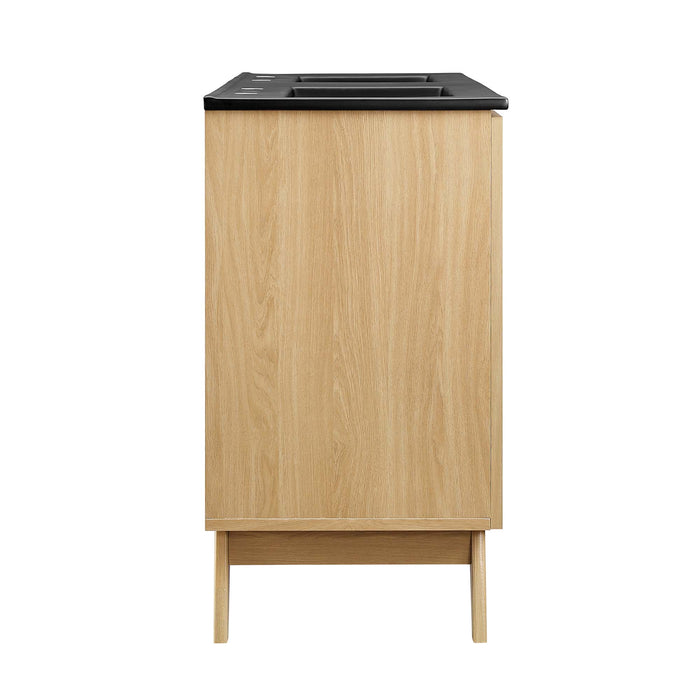 48-Inch Grand Oak Wood Grain Double Sink Bathroom Vanity Rattan Style with Black Integrated Countertop