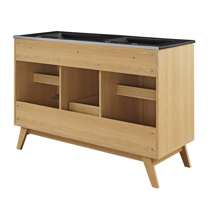 48-Inch Grand Oak Wood Grain Double Sink Bathroom Vanity Rattan Style with Black Integrated Countertop