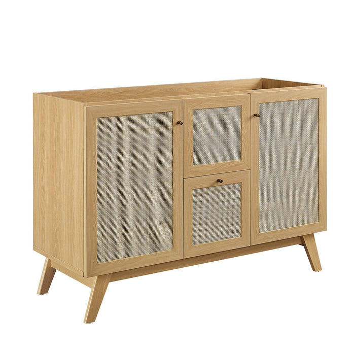 48-Inch Grand Oak Wood Grain Double Sink Bathroom Vanity Rattan Style with Black Integrated Countertop