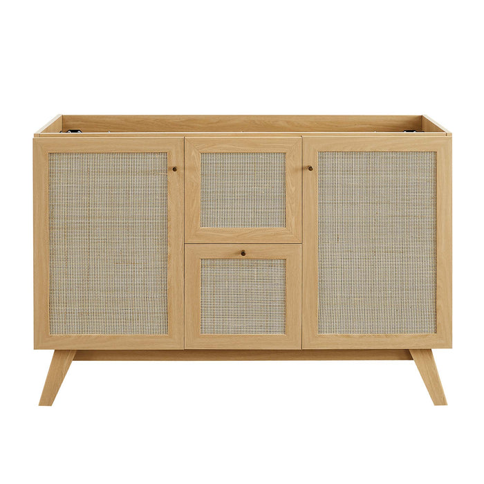 48-Inch Grand Oak Wood Grain Double Sink Bathroom Vanity Rattan Style with Black Integrated Countertop