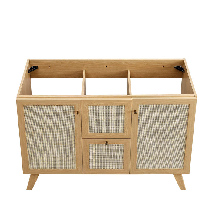 48-Inch Grand Oak Wood Grain Double Sink Bathroom Vanity Rattan Style with Black Integrated Countertop