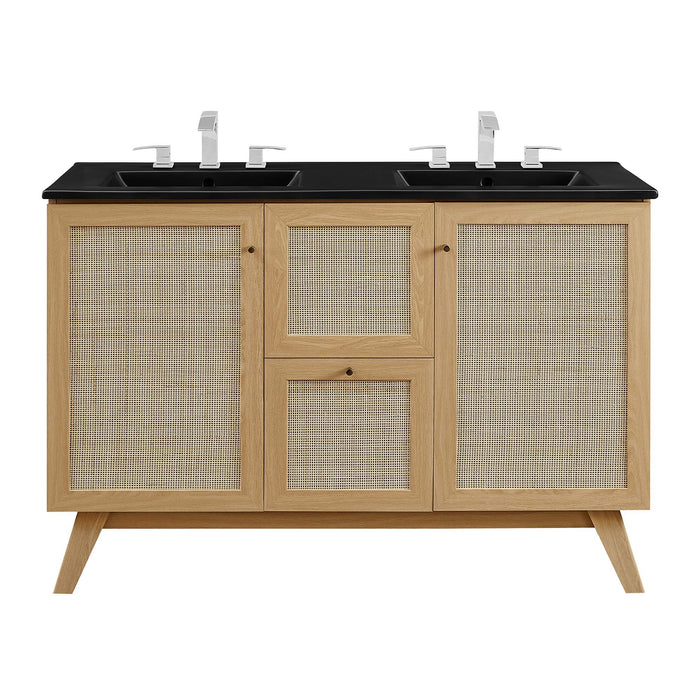 48-Inch Grand Oak Wood Grain Double Sink Bathroom Vanity Rattan Style with Black Integrated Countertop