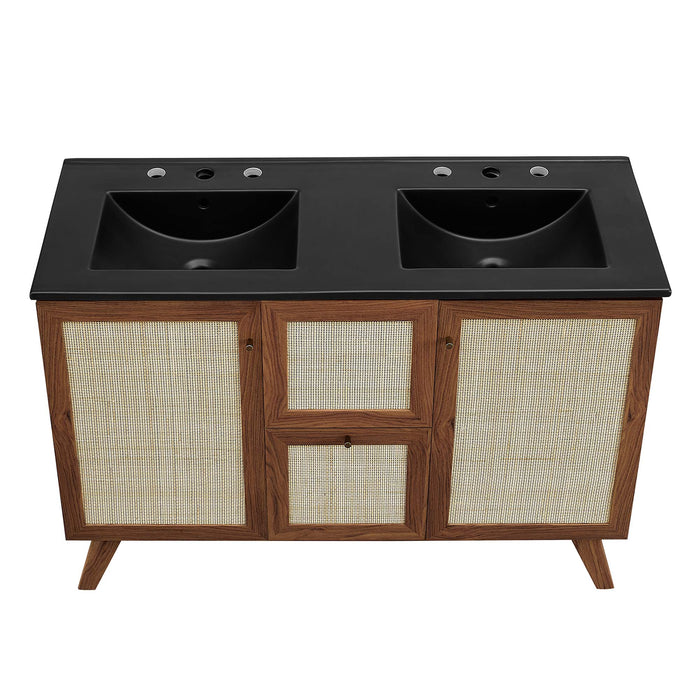 48-Inch Modern Walnut Double Sink Aali Bathroom Vanity Rattan Weave Design with Black Countertop and Gold Hardware