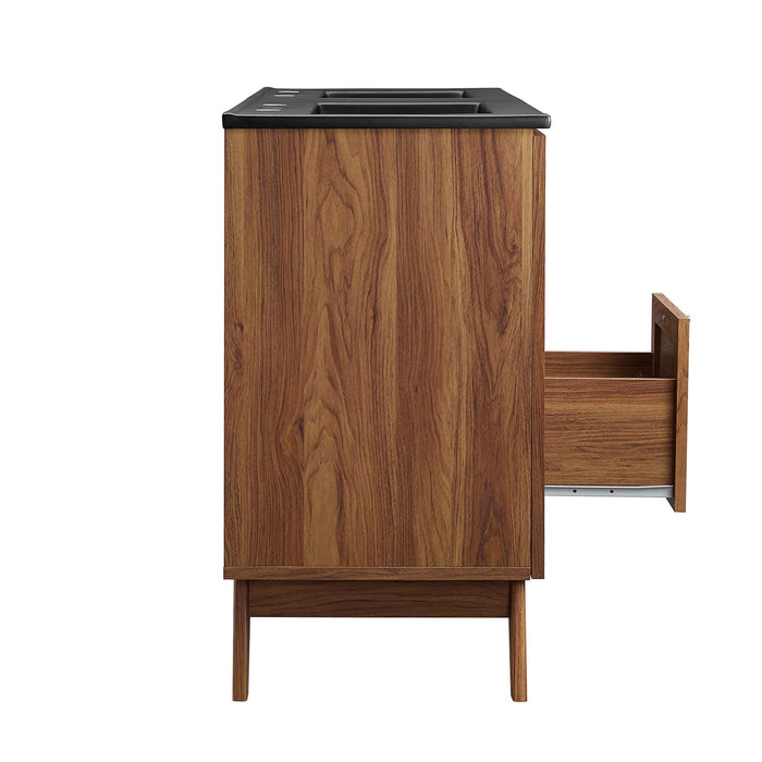 48-Inch Modern Walnut Double Sink Aali Bathroom Vanity Rattan Weave Design with Black Countertop and Gold Hardware
