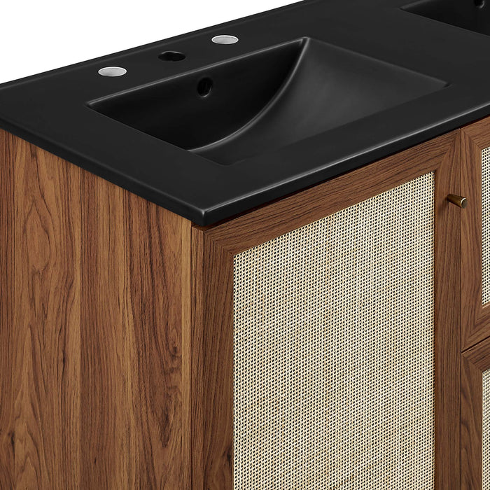 48-Inch Modern Walnut Double Sink Aali Bathroom Vanity Rattan Weave Design with Black Countertop and Gold Hardware