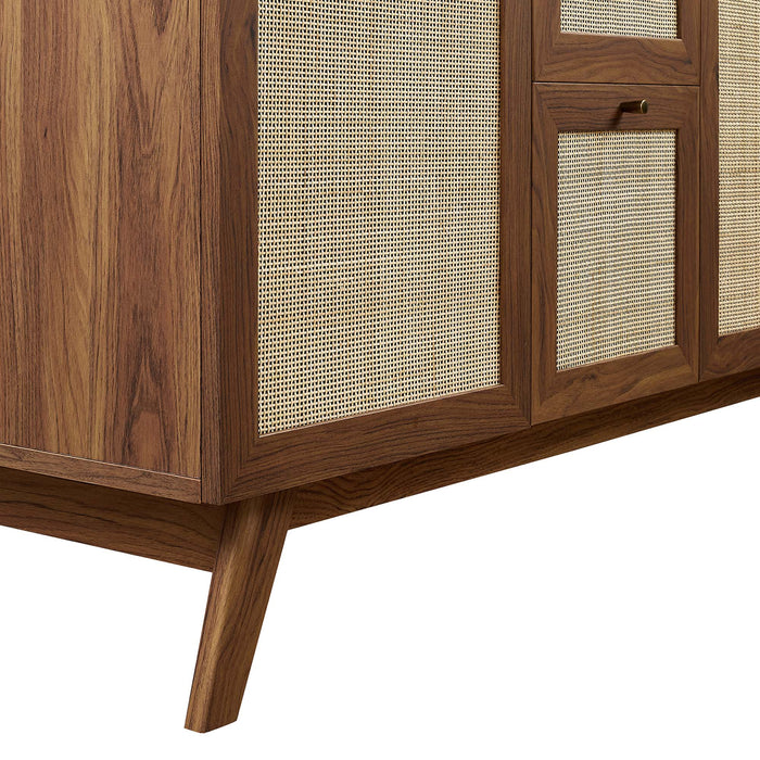 48-Inch Modern Walnut Double Sink Aali Bathroom Vanity Rattan Weave Design with Black Countertop and Gold Hardware