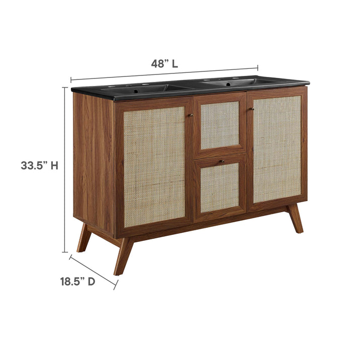 48-Inch Modern Walnut Double Sink Aali Bathroom Vanity Rattan Weave Design with Black Countertop and Gold Hardware