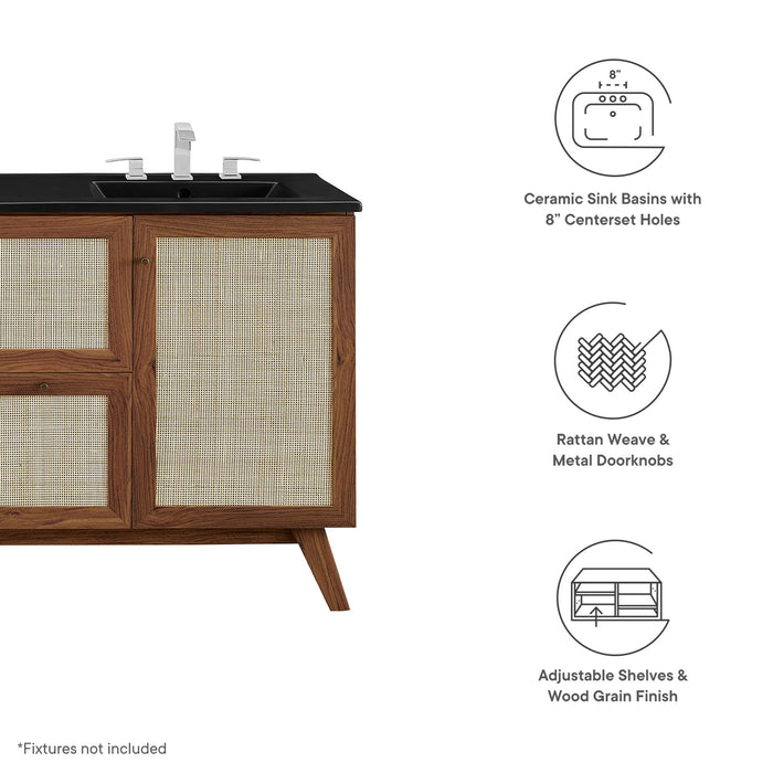 48-Inch Modern Walnut Double Sink Aali Bathroom Vanity Rattan Weave Design with Black Countertop and Gold Hardware