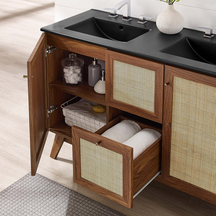 48-Inch Modern Walnut Double Sink Aali Bathroom Vanity Rattan Weave Design with Black Countertop and Gold Hardware