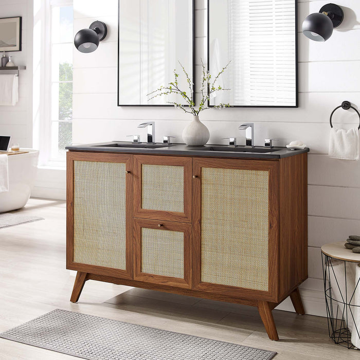 48-Inch Modern Walnut Double Sink Aali Bathroom Vanity Rattan Weave Design with Black Countertop and Gold Hardware
