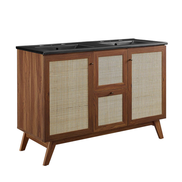 48-Inch Modern Walnut Double Sink Aali Bathroom Vanity Rattan Weave Design with Black Countertop and Gold Hardware