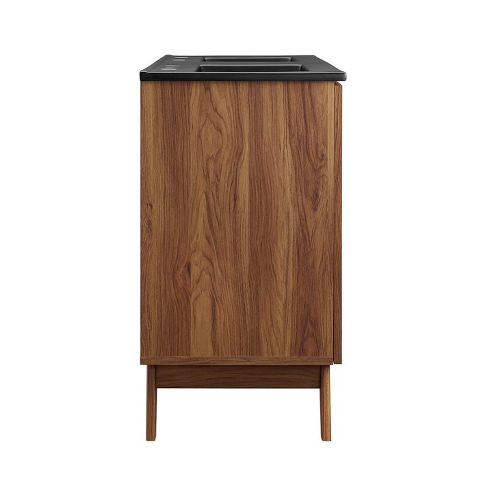 48-Inch Modern Walnut Double Sink Aali Bathroom Vanity Rattan Weave Design with Black Countertop and Gold Hardware