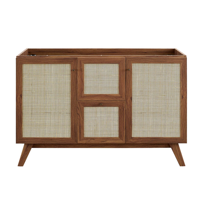 48-Inch Modern Walnut Double Sink Aali Bathroom Vanity Rattan Weave Design with Black Countertop and Gold Hardware