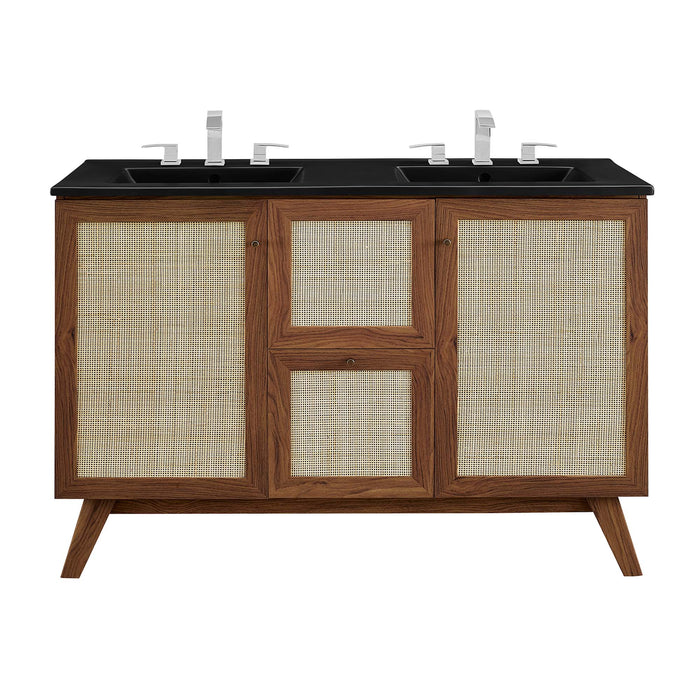 48-Inch Modern Walnut Double Sink Aali Bathroom Vanity Rattan Weave Design with Black Countertop and Gold Hardware