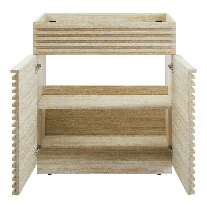 30 Inch Cross Faux Travertine Vanity Cabinet – Open Shelf with Slatted Design