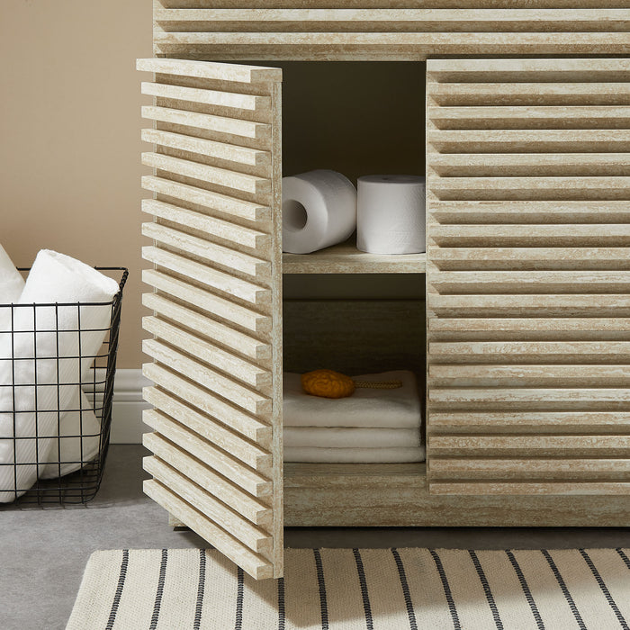 30 Inch Cross Faux Travertine Vanity Cabinet – Open Shelf with Slatted Design