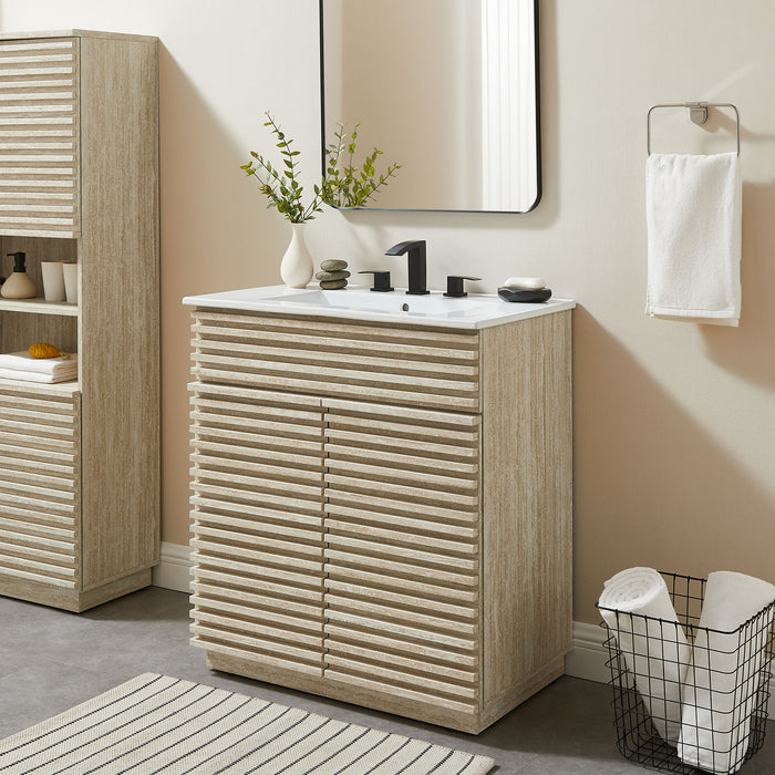 30 Inch Cross Faux Travertine Vanity Cabinet – Open Shelf with Slatted Design