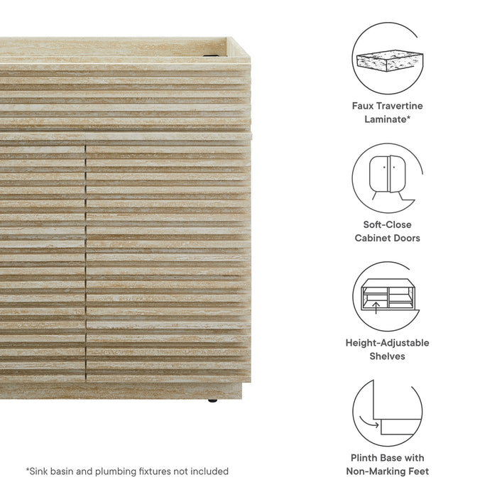 30 Inch Cross Faux Travertine Vanity Cabinet – Open Shelf with Slatted Design