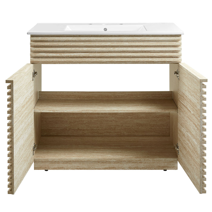 36-Inch Regal Bathroom Vanity with Sink – Faux Travertine, Minimalist Floating Cabinet