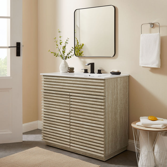 36-Inch Regal Bathroom Vanity with Sink – Faux Travertine, Minimalist Floating Cabinet