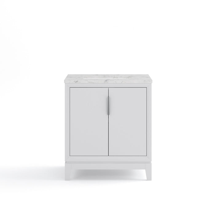 30" White Marble Valencia Bathroom Vanity - Single Sink Freestanding with Silver Hardware