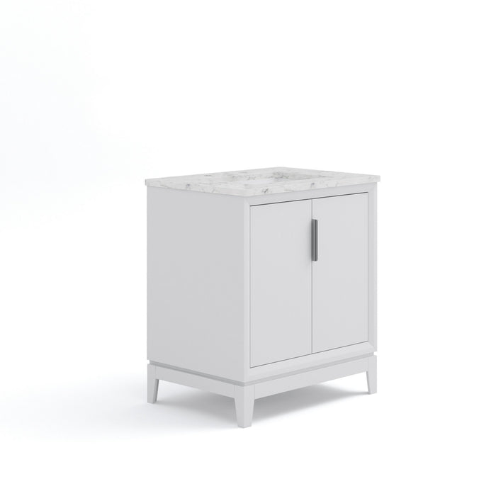 30" White Marble Valencia Bathroom Vanity - Single Sink Freestanding with Silver Hardware