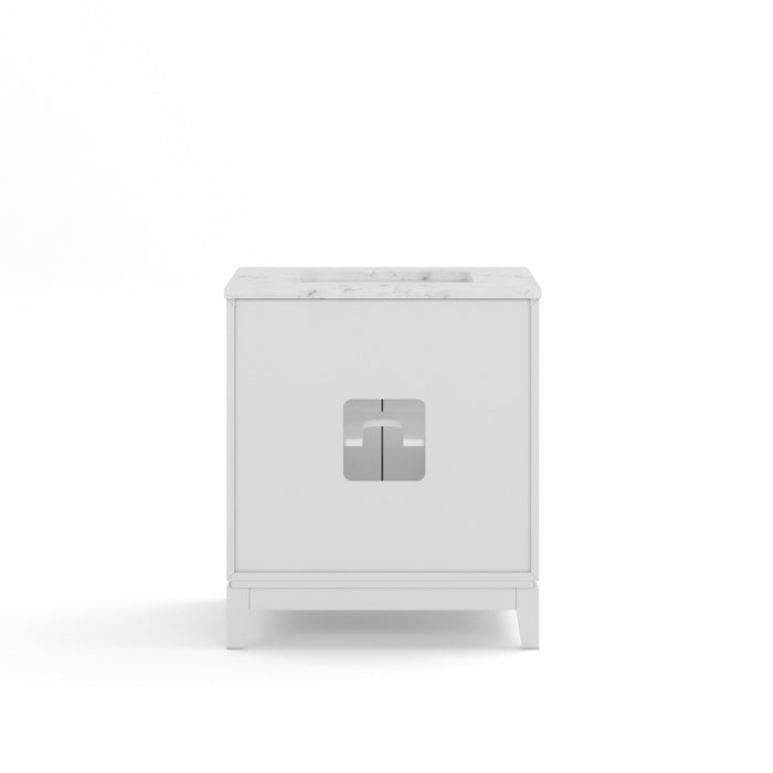 30" White Marble Valencia Bathroom Vanity - Single Sink Freestanding with Silver Hardware