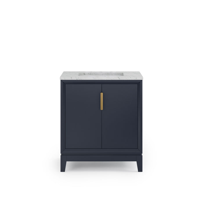 30" Monarch Blue Tivoli Single Sink Bathroom Vanity with Carrara White Marble Countertop & Satin Gold Hardware