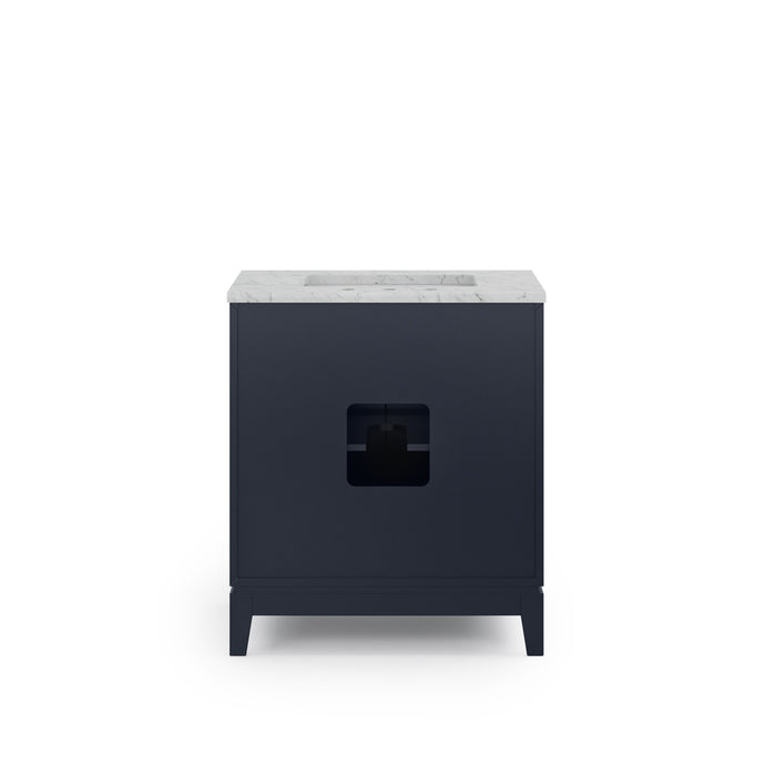 30" Monarch Blue Tivoli Single Sink Bathroom Vanity with Carrara White Marble Countertop & Satin Gold Hardware