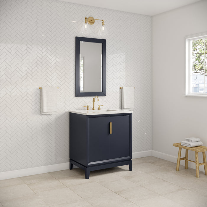 30 Inch Trellis Single Sink Marble Countertop Vanity - Monarch Blue Hardwood Cabinet with Satin Gold Hardware & Mirror