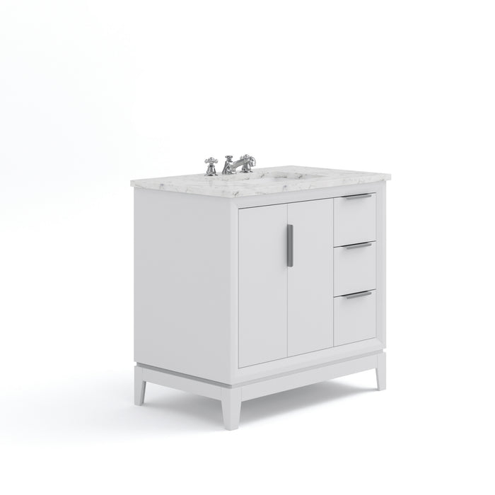 36 Inch Freestanding Zola White Marble Bathroom Vanity with 3 Drawers & Chrome Faucet