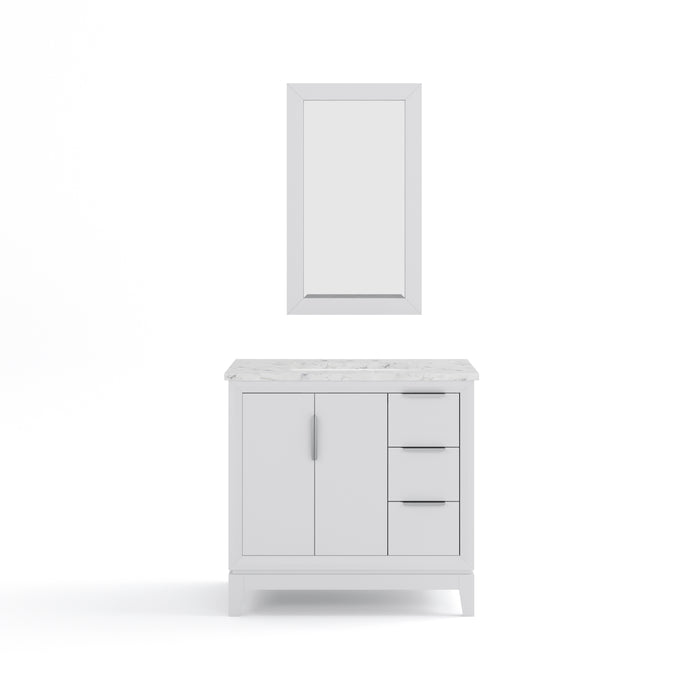 36 Inch Carrara White Marble Adorn Single Sink Bathroom Vanity in Pure White with Chrome Faucets & Mirror