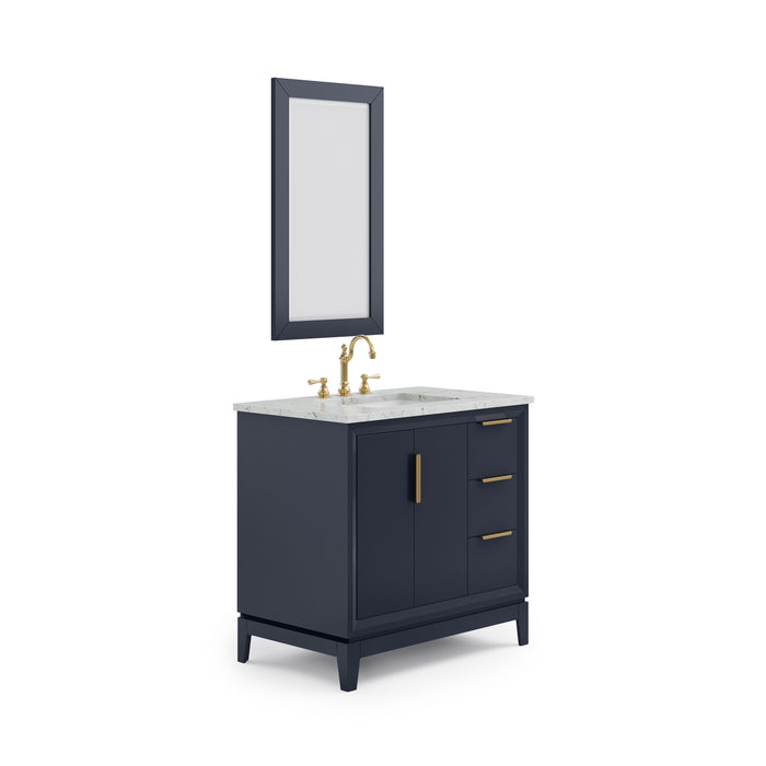 36 Inch Carrara Marble Top Yarrow Bathroom Vanity - Single Sink Monarch Blue Transitional Style with Satin Gold Hardware & Mirror