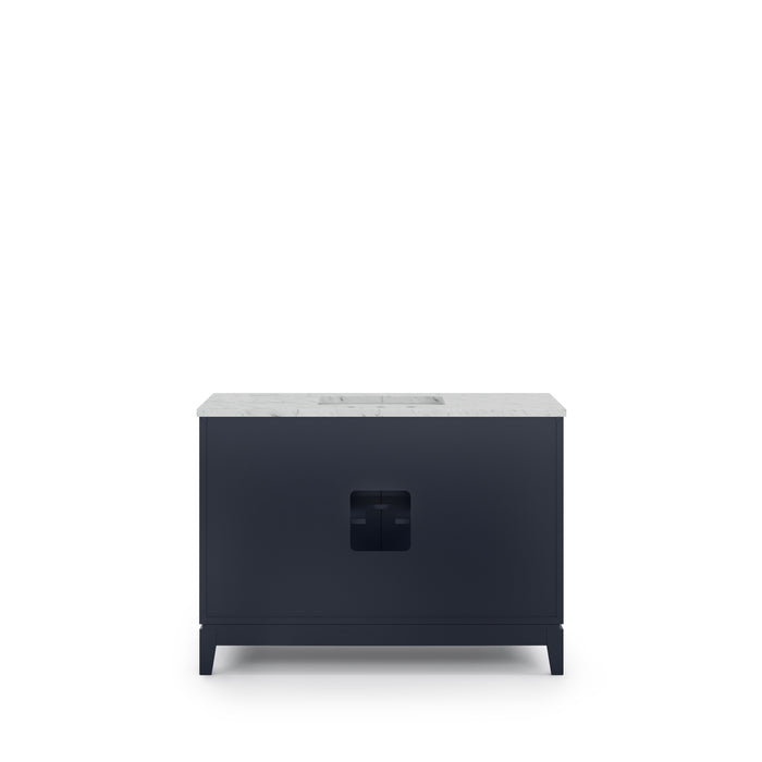 48" Carrara White Marble Barrow Single Sink Bathroom Vanity Monarch Blue Satin Gold Hardware Mirror