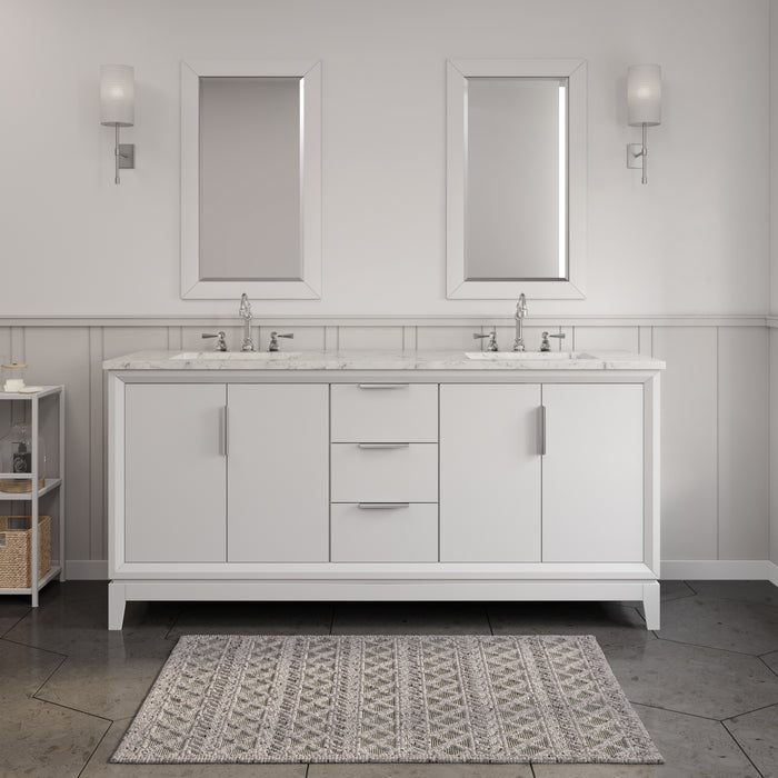 72 Inch Earthen Double Sink Vanity Set - Carrara White Marble, Pure White Finish, Chrome Hardware & Mirrors