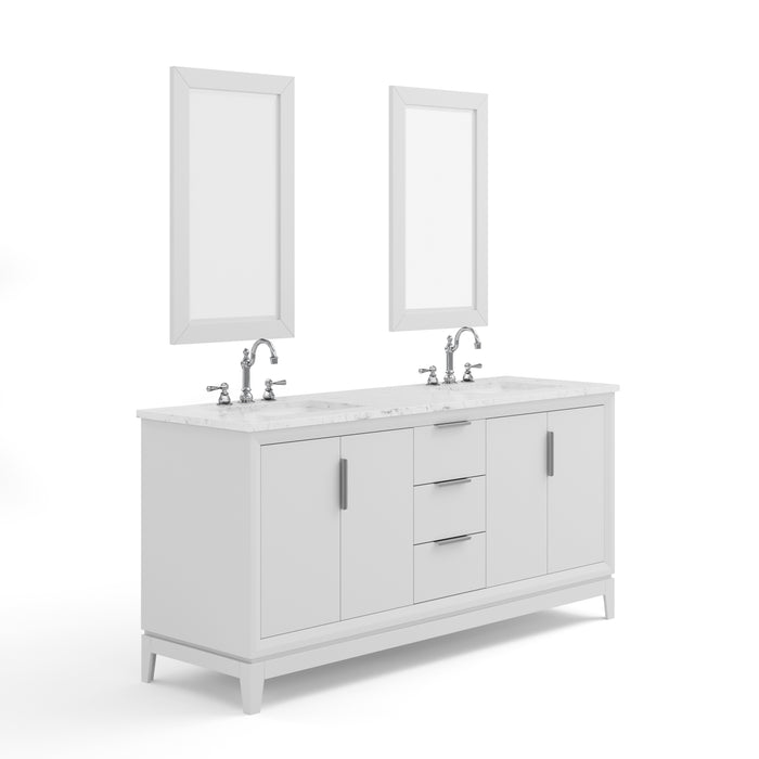 72 Inch Earthen Double Sink Vanity Set - Carrara White Marble, Pure White Finish, Chrome Hardware & Mirrors