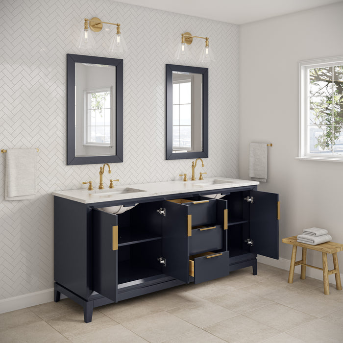 72-inch Courant Carrara White Marble Double Sink Bathroom Vanity Monarch Blue with Satin Gold Hardware