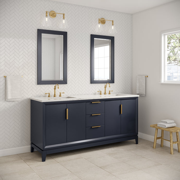 72-inch Courant Carrara White Marble Double Sink Bathroom Vanity Monarch Blue with Satin Gold Hardware