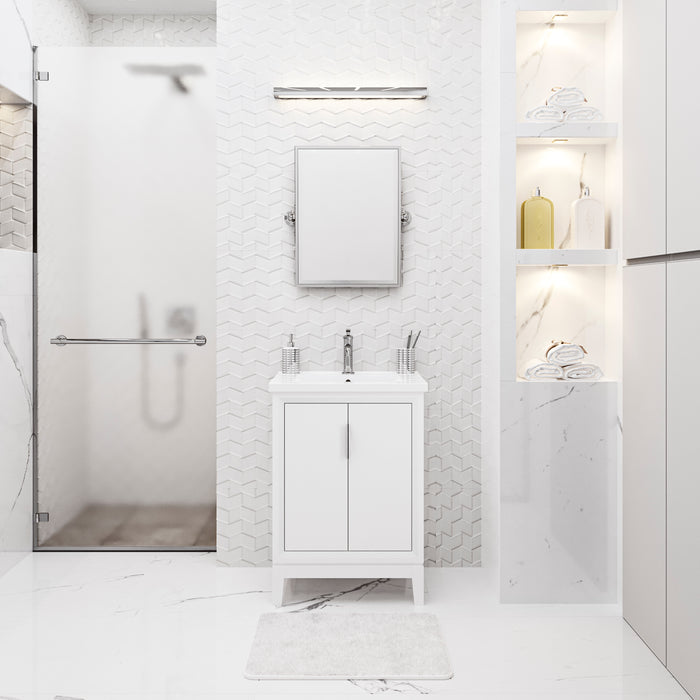 24-Inch Ruscus Integrated Ceramic Sink Vanity - Pure White Bathroom Cabinet with Chrome Faucet