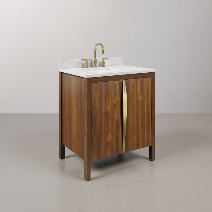 30-Inch Kate Bathroom Vanity Solid Wood Noir Juglans with Satin Gold Accents & Mirror