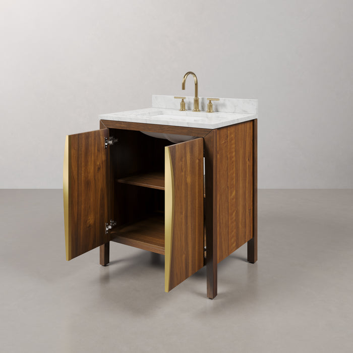 30-Inch Kate Bathroom Vanity Solid Wood Noir Juglans with Satin Gold Accents & Mirror