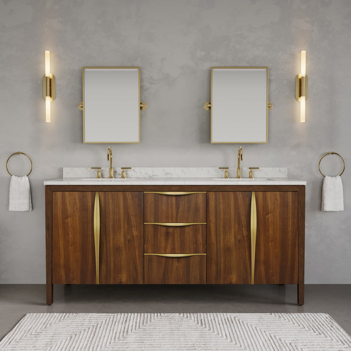 72" Melanie Noir Juglans Double Sink Vanity - Carrara White Marble Top with Satin Gold Hardware & Soft-Close Drawers