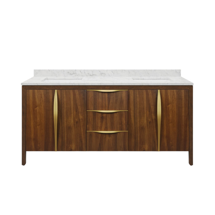72" Melanie Noir Juglans Double Sink Vanity - Carrara White Marble Top with Satin Gold Hardware & Soft-Close Drawers