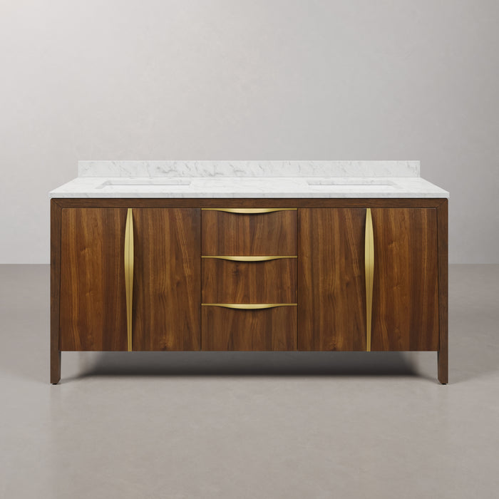 72" Melanie Noir Juglans Double Sink Vanity - Carrara White Marble Top with Satin Gold Hardware & Soft-Close Drawers