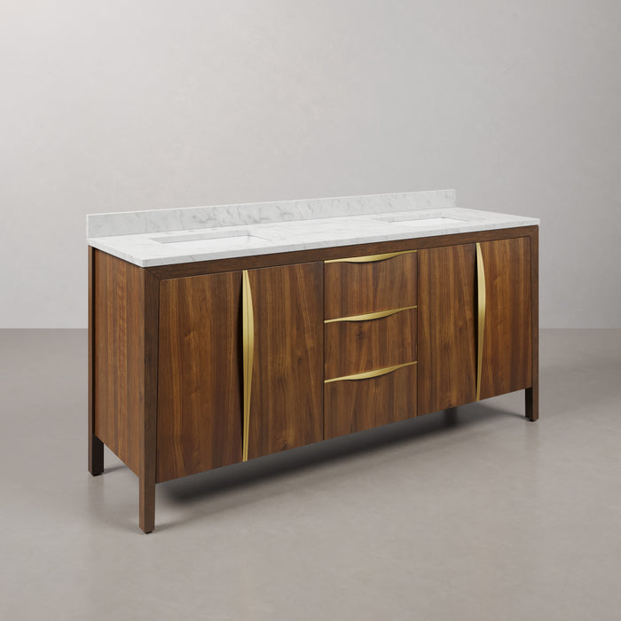 72" Melanie Noir Juglans Double Sink Vanity - Carrara White Marble Top with Satin Gold Hardware & Soft-Close Drawers