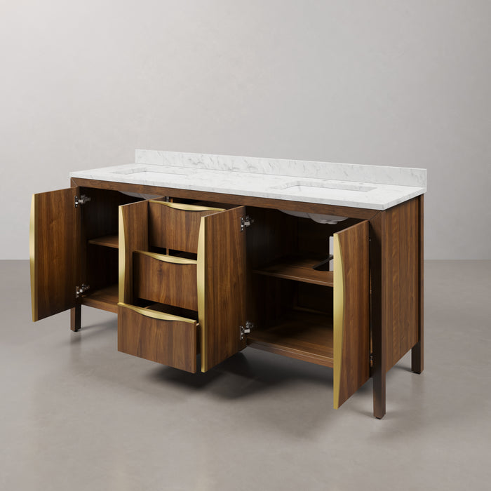72" Melanie Noir Juglans Double Sink Vanity - Carrara White Marble Top with Satin Gold Hardware & Soft-Close Drawers