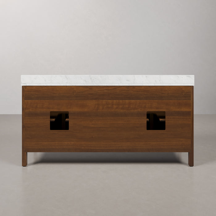 72" Melanie Noir Juglans Double Sink Vanity - Carrara White Marble Top with Satin Gold Hardware & Soft-Close Drawers