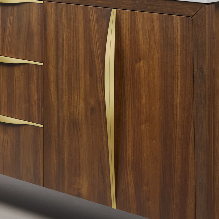 72" Melanie Noir Juglans Double Sink Vanity - Carrara White Marble Top with Satin Gold Hardware & Soft-Close Drawers