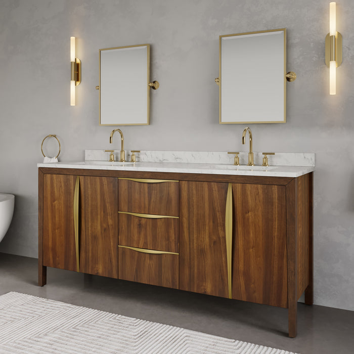 72" Melanie Noir Juglans Double Sink Vanity - Carrara White Marble Top with Satin Gold Hardware & Soft-Close Drawers
